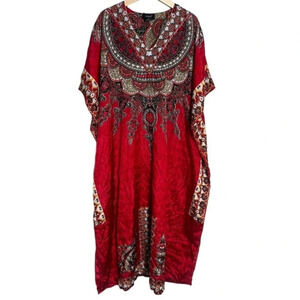 Ashro 1990’s one size red black yellow Hippie‎ boho maxi v-neck caftan dress